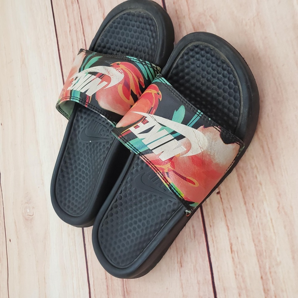 Nike Benassi JDI Slides Shoes Mens Size 6 Black Floral Print Athletic Sandals
